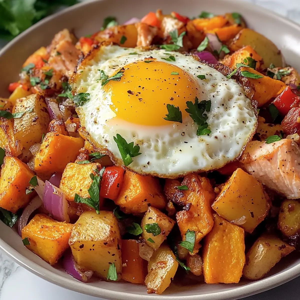 Lachs-Hash mit Süßkartoffeln und Spiegeleiern zaubern