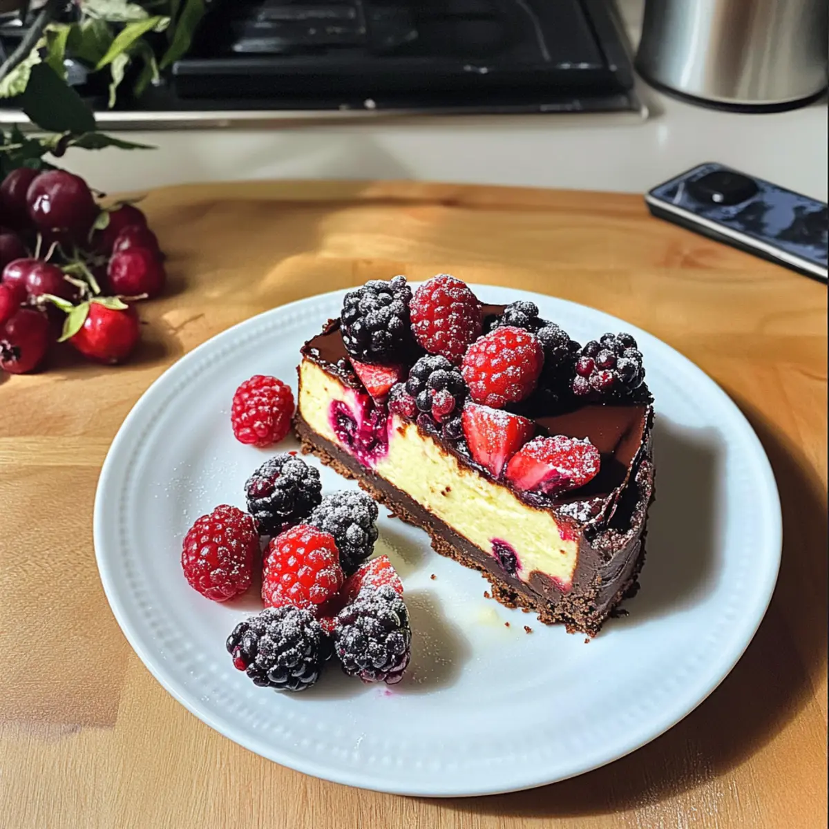 Schokoladen-Beeren-Cheesecake mit Apfelmus