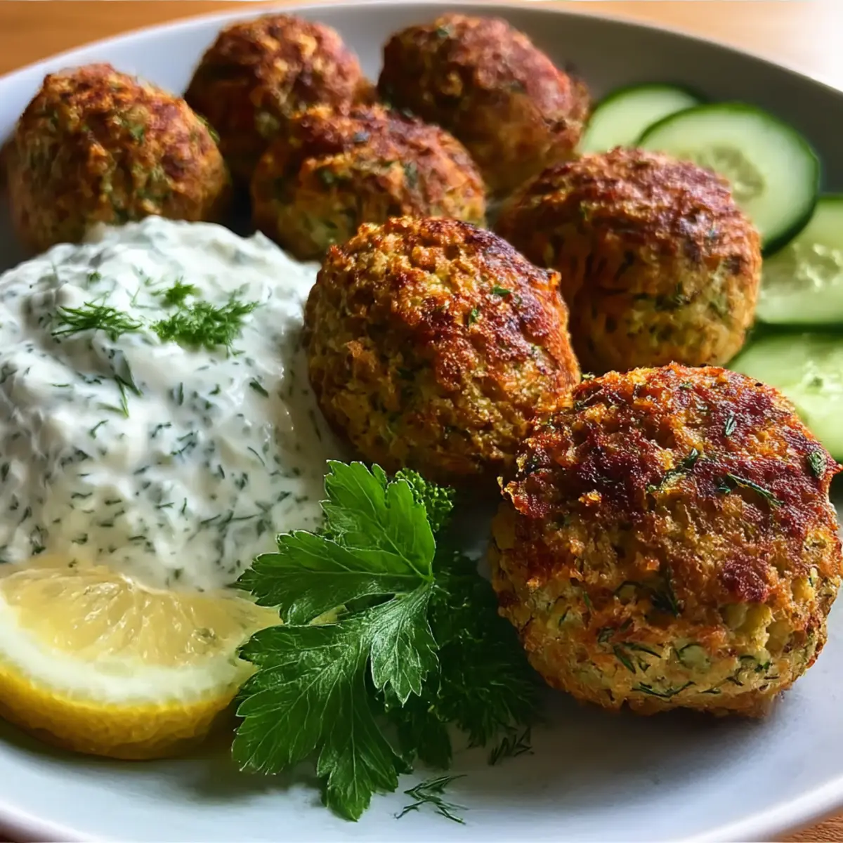 Gebratene griechische Linsenfleischbällchen mit Tzatziki