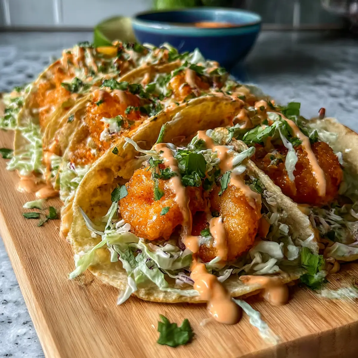 Bang Bang Garnelen Tacos mit frischem Coleslaw