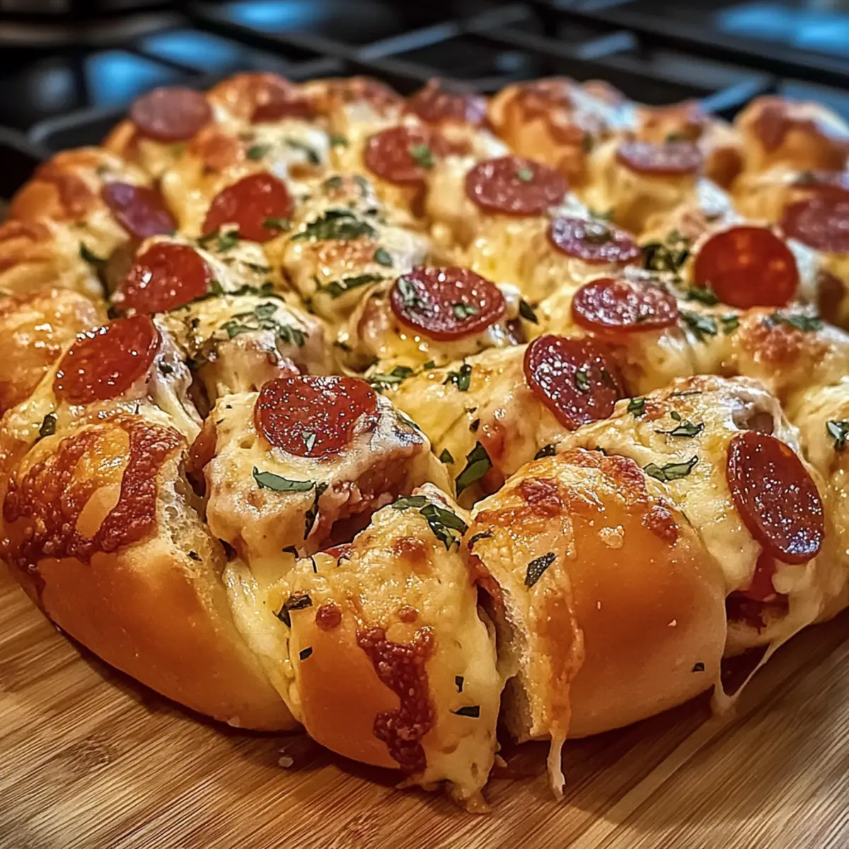 Zupfbrot Pizza mit Käse und Pepperoni teilen