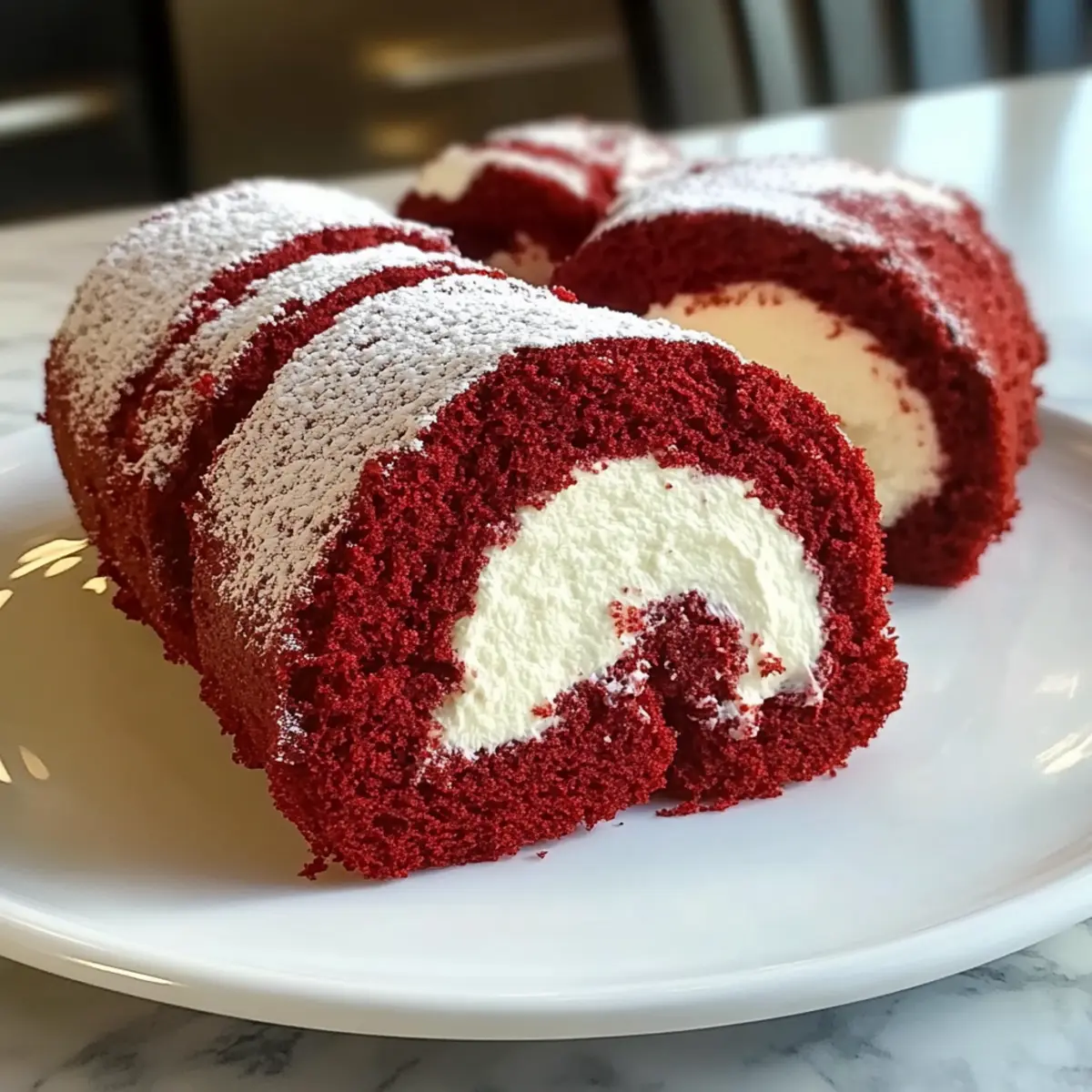 Rot-Velvet-Kuchen-Rolle mit cremiger Füllung
