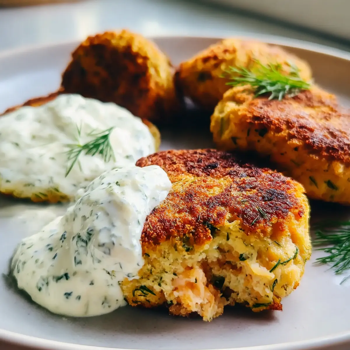 Lachsfrikadellen mit würzigem Dill-Knoblauch-Dip