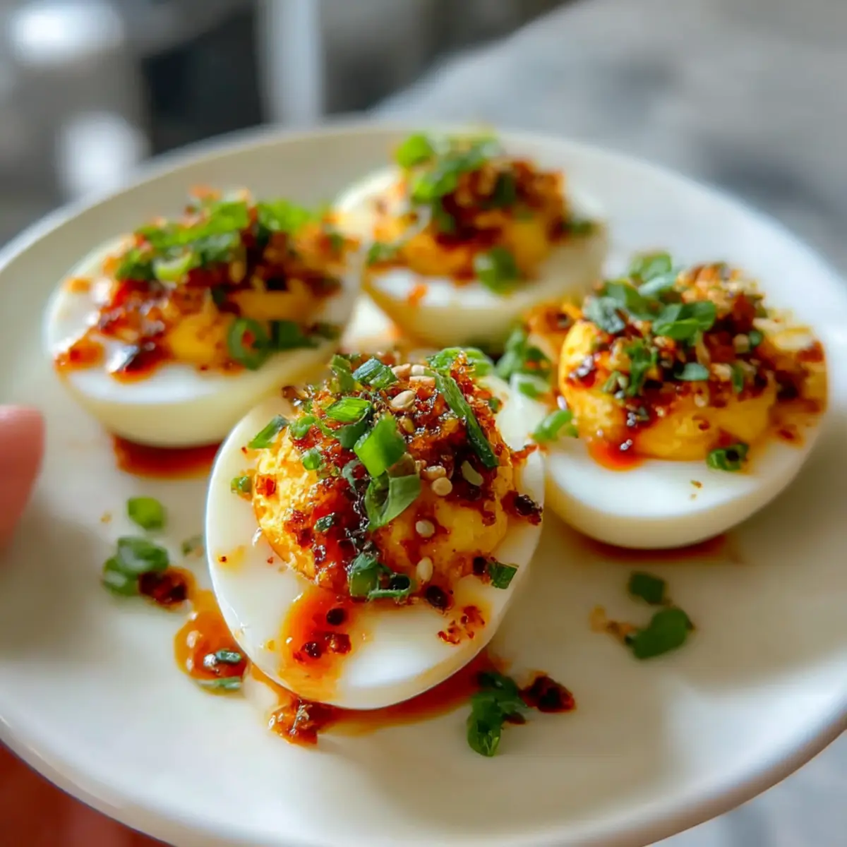 Sojasoße gefüllte Eier mit Chili Crunch genießen