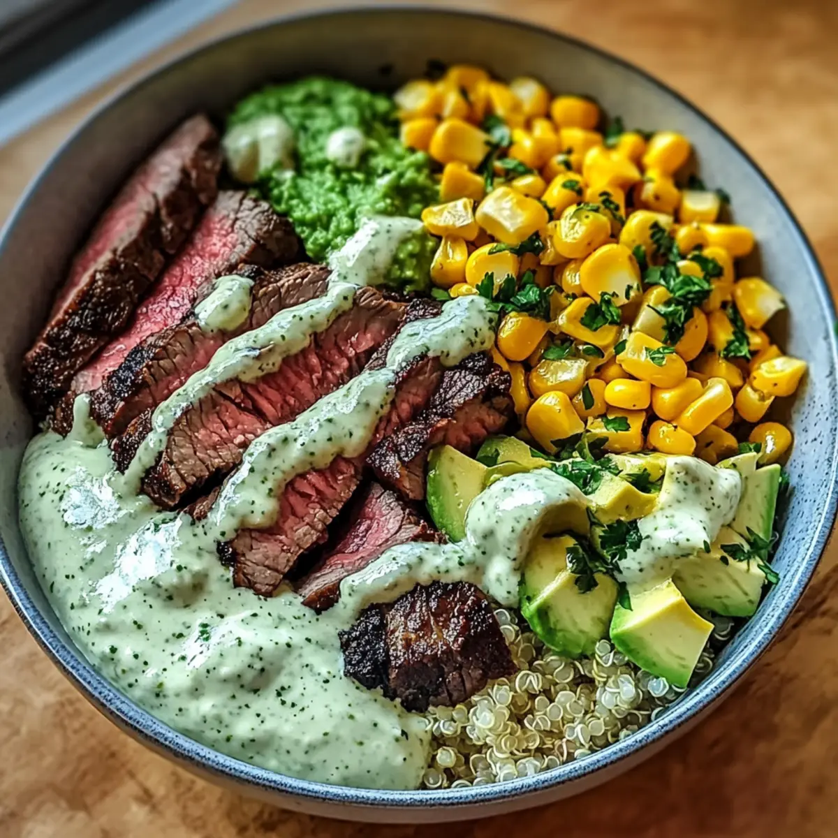 Steak, Avocado und geröstete Mais-Schüssel genießen