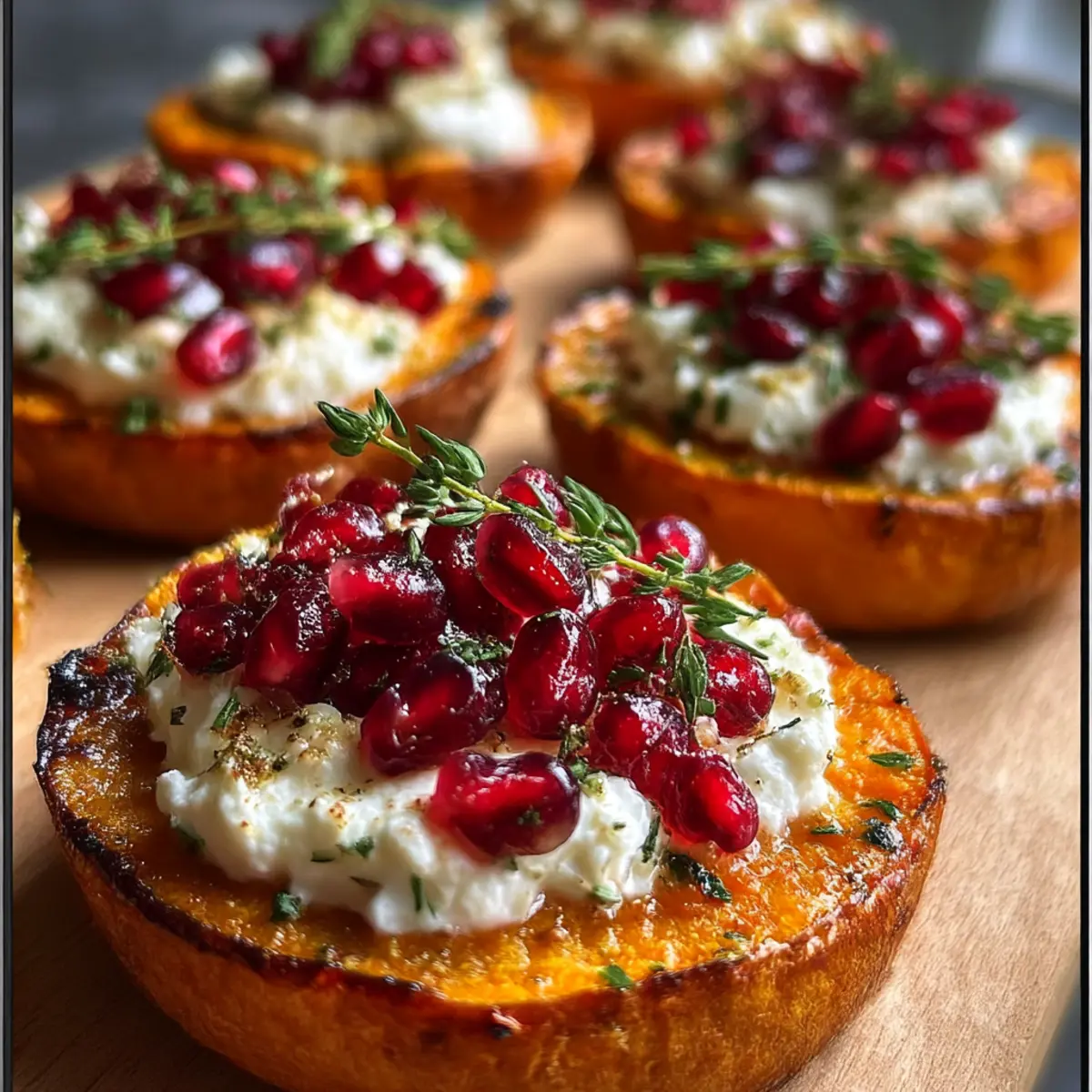 Süßkartoffelrunden mit geschlagenem Ziegenkäse und Granatapfel